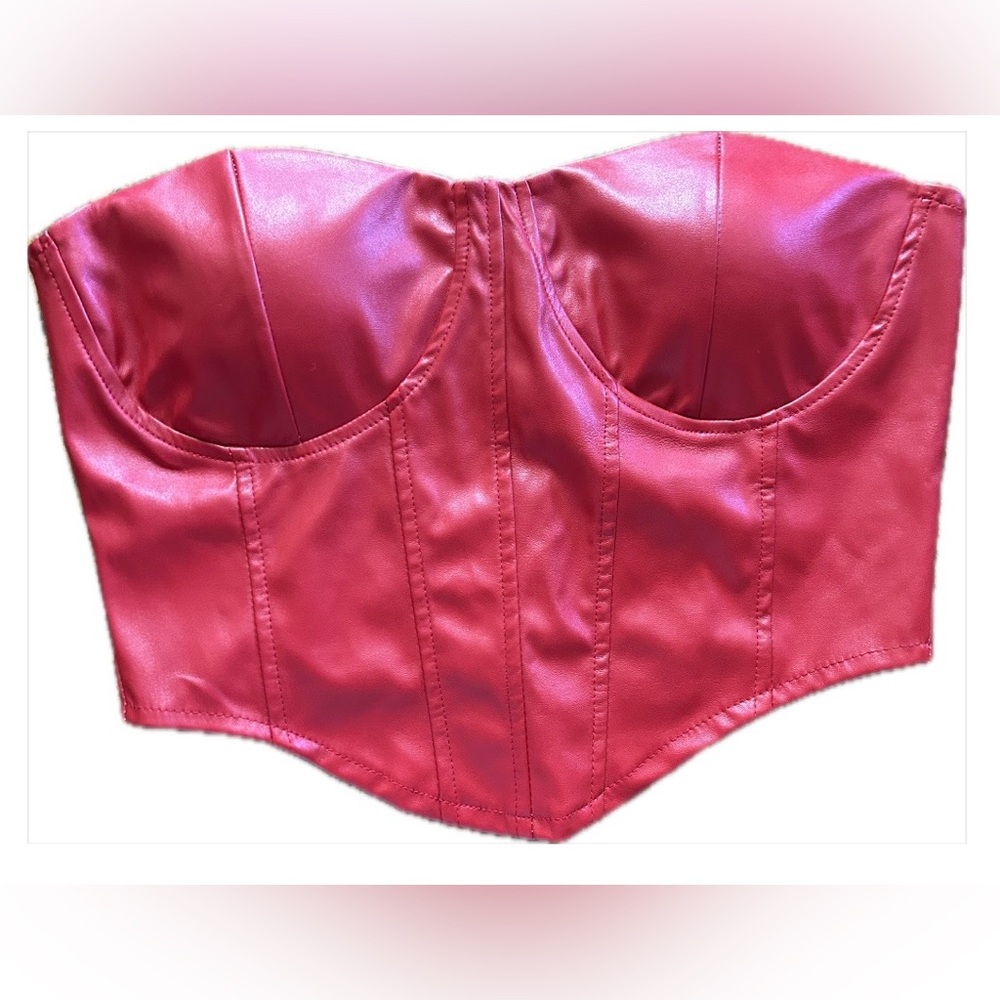 Red Corset Zip Up Crop Faux Leather by Canvas Apparel